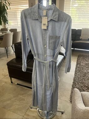 H&M Light Blue & White Striped Midi Shirt Dress with Waist Tie